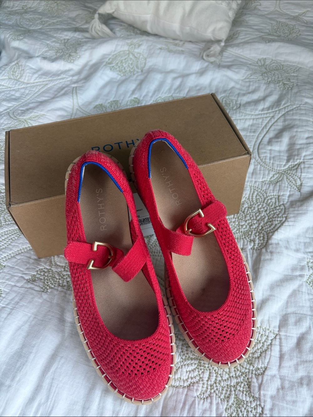 Rothy's Red Knit Mary Jane Flats with Gold Buckle